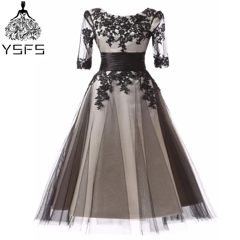 Черные открытые чай Длина вечернее платье Кружева Аппликация Половина рукава