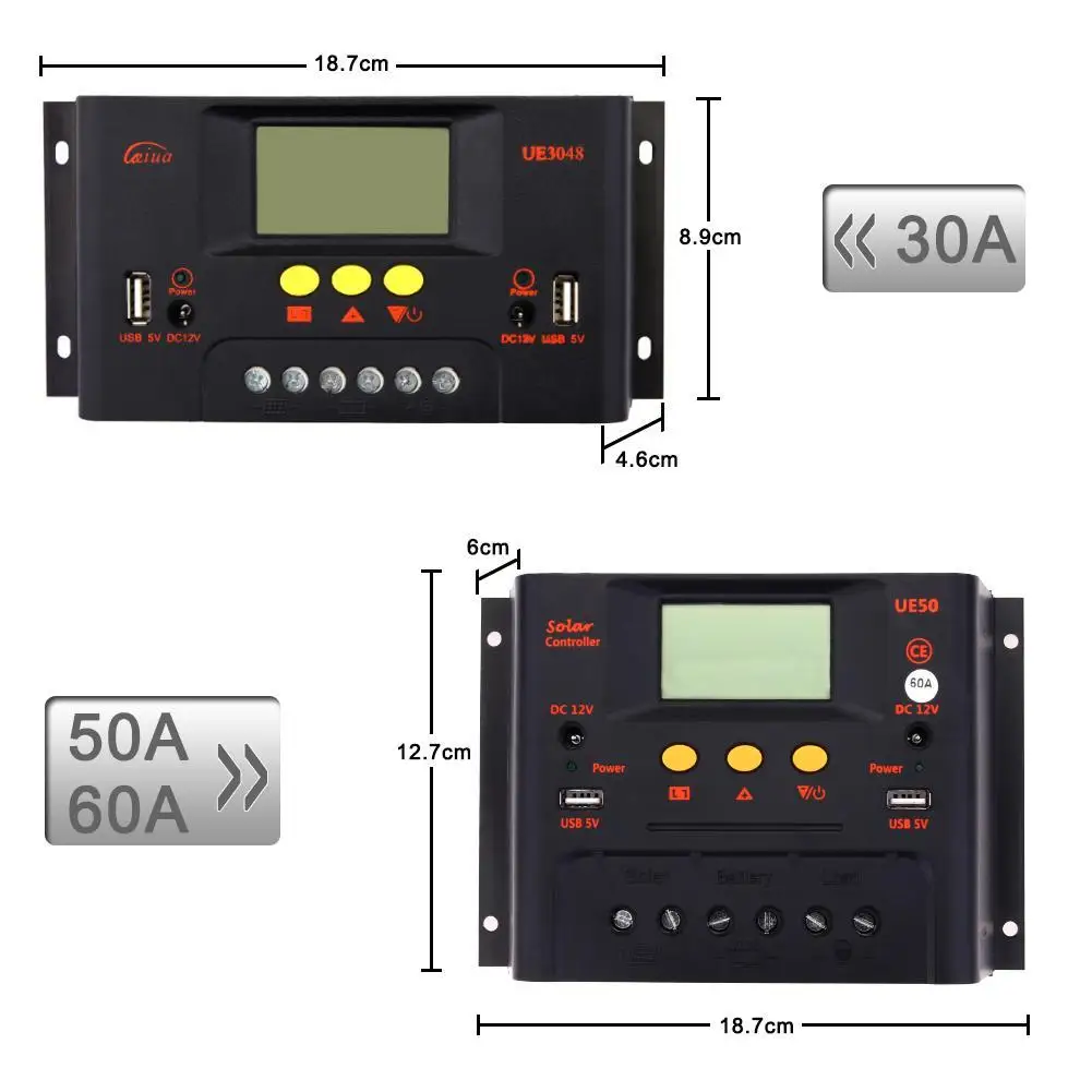 Контроллер солнечной батареи PWM 30A/50A/60A 12 В 24 48 ЖК дисплей USB 5 постоянного тока