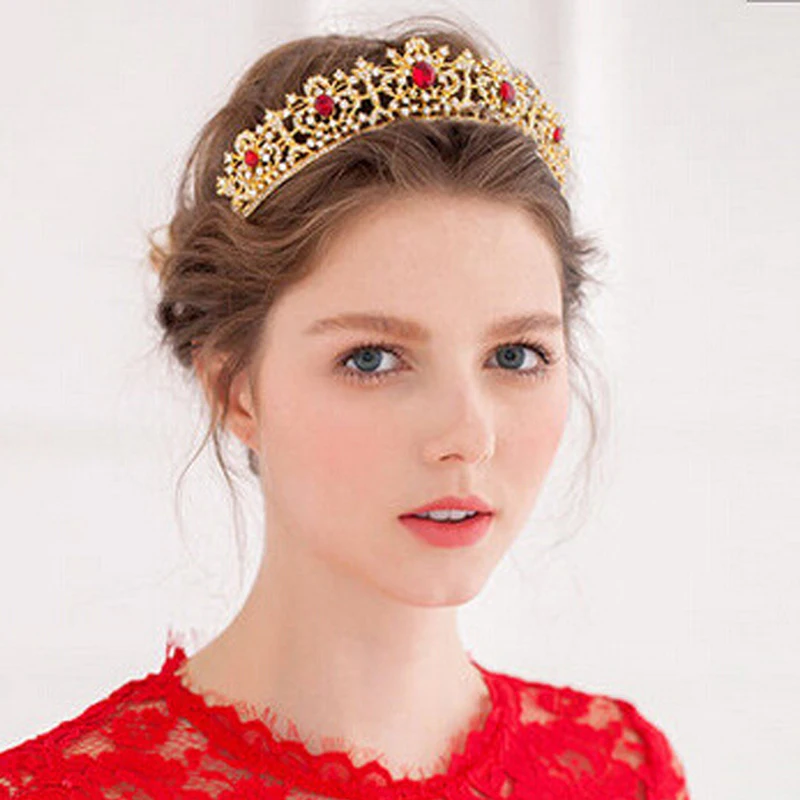 Gold Color Baroque Red Green Crystal Rhinestone Wedding Bridal Prom Tiara Hair Accessories Head Jewelry Pageant Crown For Bride |
