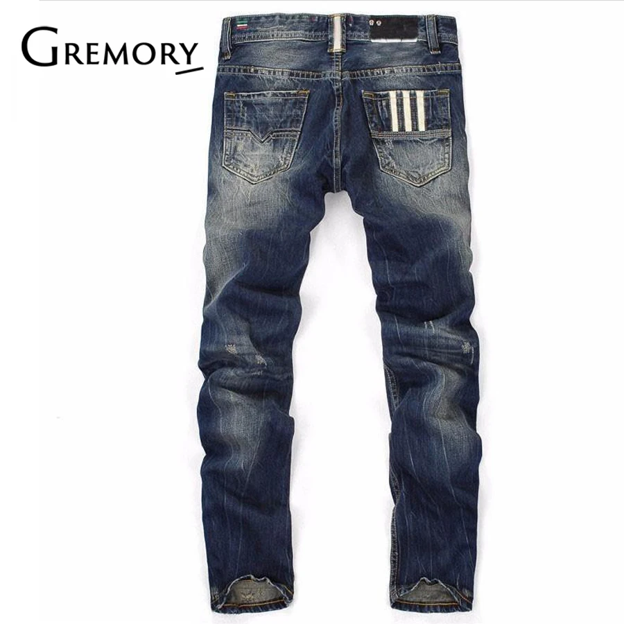 100% Cotton Famous Brand Fashion Designer Jeans Men Straight Dark Blue Color Printed Mens Jeans Ripped Jeans SA95