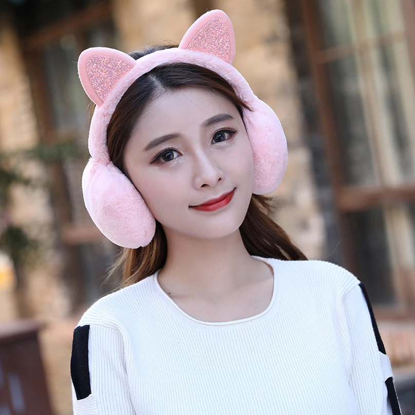 Winter New Ladies Girls Winter Plush Ear Pad Glitter Cat Earmuffs Headband Warmer Outdoor Cute Earmuff
