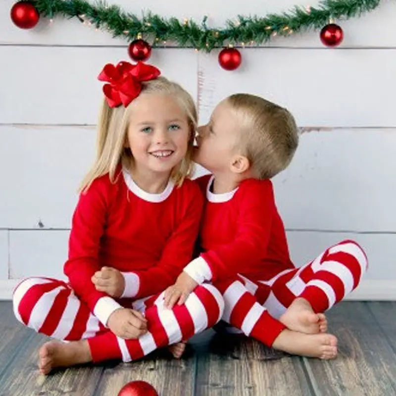Осенне-зимний комплект из 2 предметов для малышей; красный комплект с длинными рукавами; одежда в полоску для маленьких мальчиков и девочек; Рождественская Пижама для малышей; комплект одежды для сна