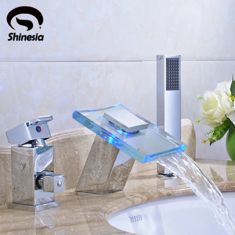 

LED Waterfall Spout Bathtub Faucet Single Handle Mixer Tap with Handheld Shower Chrome Polished
