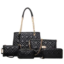 5 Sets Handbag New Fashion PU Leather Women Big Shoulder Bags Zipper Soft Ladies Bag High Quality Bolsas Femininas Plaid&Chians