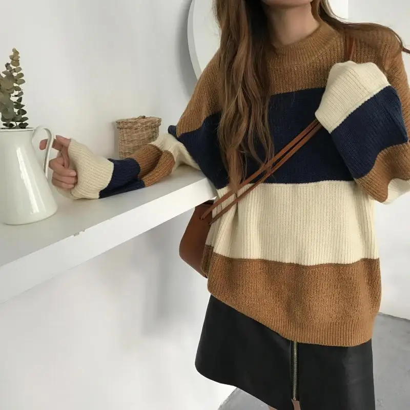 

2017 Autumn Spring Women Sweaters Patchwork color Women Casual Sweaters Ladies Pullovers Female Sweaters Loose Style Tops
