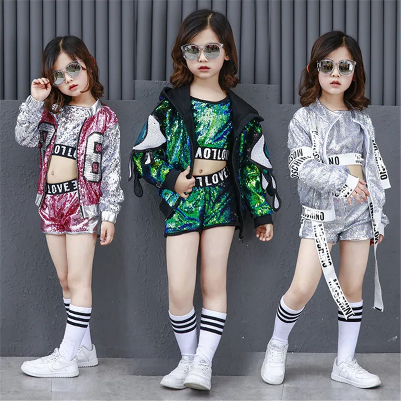

Kids hip hop performance suit sequin tops short + jacket girls White street dance costumes children street clothes 10 12 year