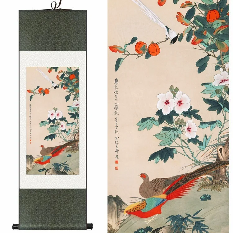 

Chinese Silk watercolor flower bird Persimmon Azalea ink art print feng shui canvas wall picture damask framed scroll painting