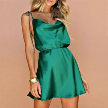 

Women's Satin Silk Sleepwear New Sexy Soild Color Mini Sling Nightdress Ladies' Sleeveless Summer Backless Nightwear Hot Selling