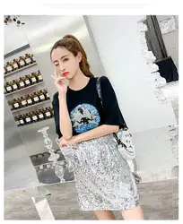 Лето 2019 г., новые корейские футболки с короткими рукавами и блестящими юбками