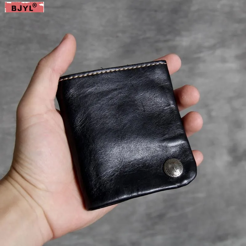 

BJYL Retro vegetable tanned Men short wallet first layer cowhide simple men's handmade short clip card holder purses wallet