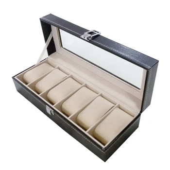 

FJS-Watch case Leather watch box Jewelry box Gift for men (6 compartments - Black)