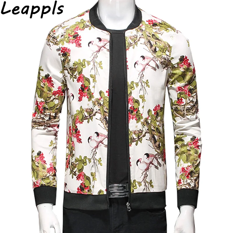 Leappls 5XL куртки мужские s и пальто цветочный принт Стенд воротник мужской пиджак