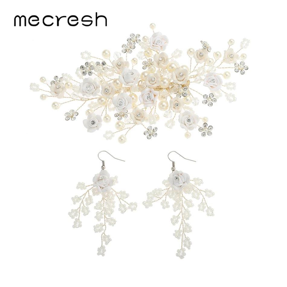 Mecresh белый цветок свадебный гребень для волос для невесты искусственный жемчуг кристалл гребень для волос ручной работы серьги набор женские аксессуары FS188