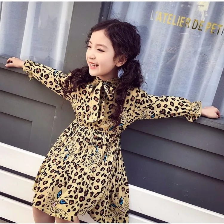 Весенне-осеннее платье для девочек, детское плиссированное платье, детское платье, vestidos, с рюшами, с рукавами, на шнуровке, с леопардовым принтом, от 4 до 14 лет