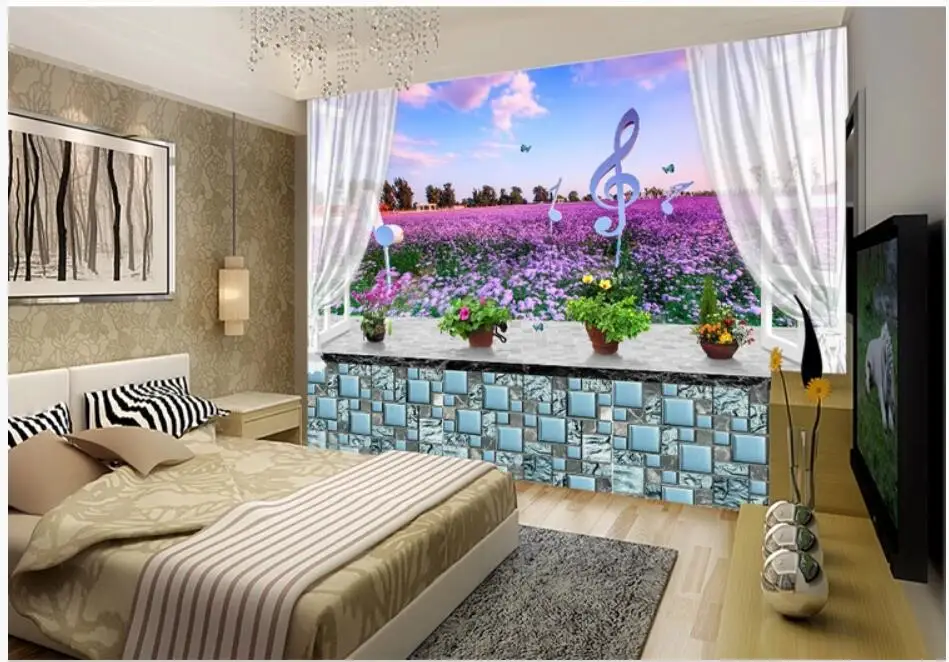 

3d фото обои на заказ настенные окна стебель Лаванда цветок море фон стены домашний декор гостиная обои для стен 3 d