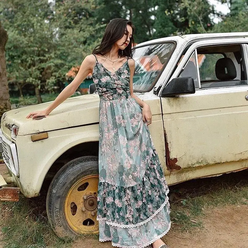 

Women Sleeveless Flower Print Spaghetti Strap Maxi Dress 2019 New Summer Fresh Long Dress