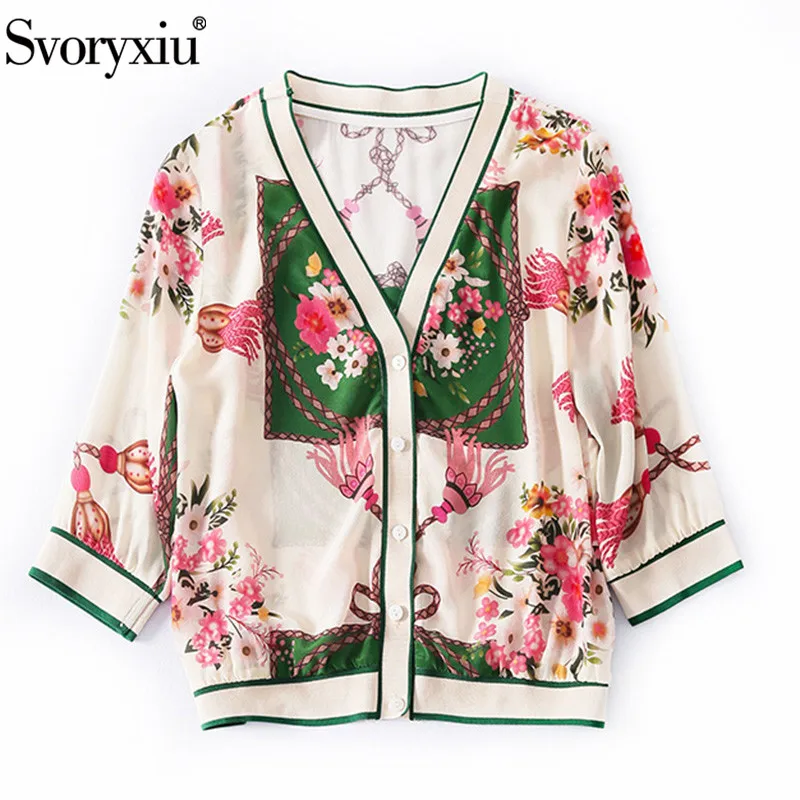 

Svoryxiu Designer Summer Silk V Neck Cardigan Tops Blouse Women's Elegant Flower Print Patchwork Knitting Loose Thin Cardigan