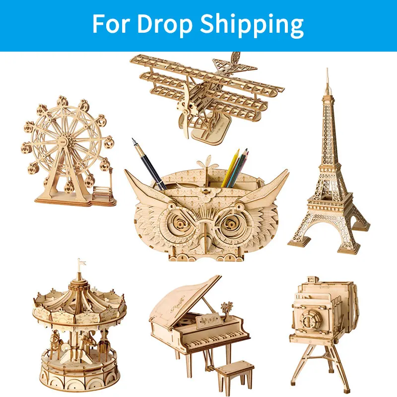 

For Drop Shipping ROKR DIY 3D Wooden Puzzle Assembly Model Toys Plane Merry Go Round Ferris Wheel Pencil Box Toys for Children