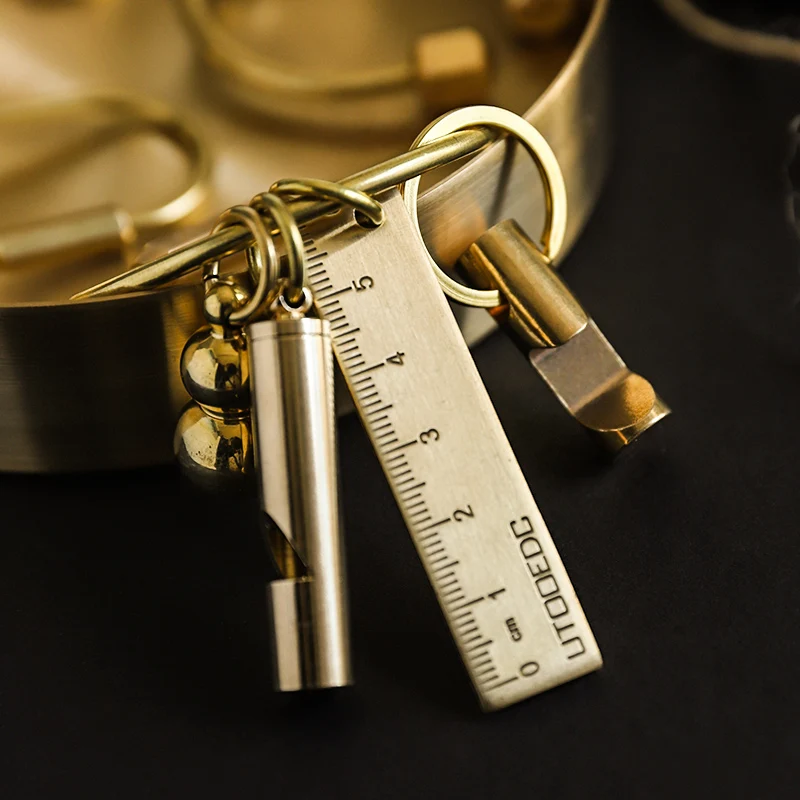 Creative Brass Keychain Portable Key Ring Bottle Opener Whistle Ruler Sealed Box Unique Organizer Tools Keychain Accessories