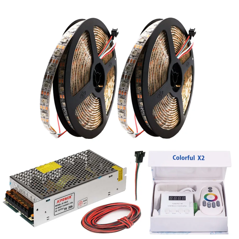 WS2812B WS2812 RGB Светодиодная лента светильник x2 RGB Led музыкальный контроллер с РЧ сенсорным пультом дистанционного управления DC5V светодиодный трансформатор комплект