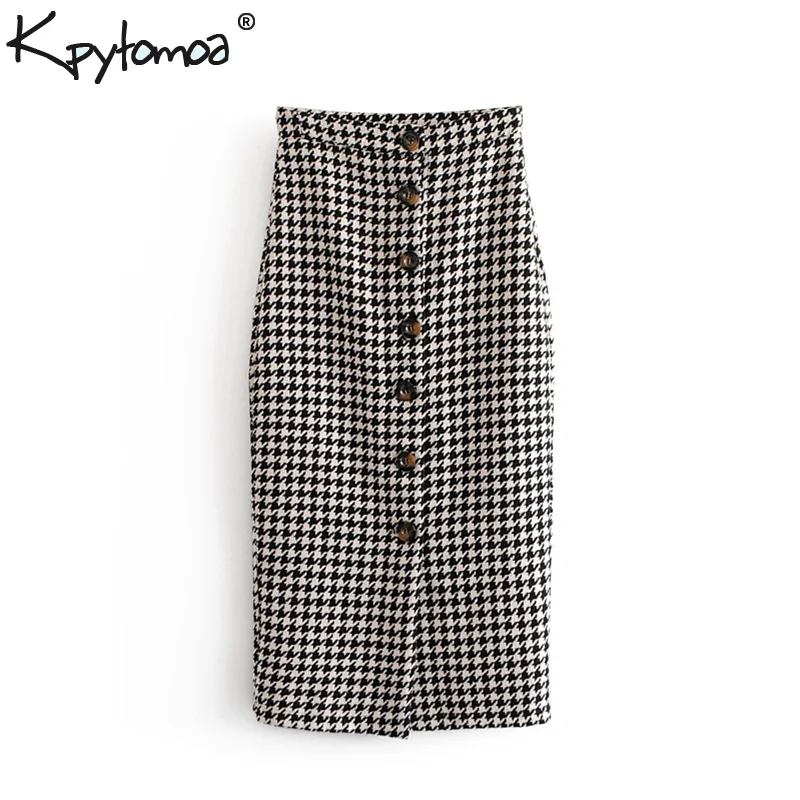 Beste Vintage Chic Houndstooth Knoppen OL Midi Tube Rok Vrouwen 2018 Fashion Hoge Taille Office Lady Plaid Rokken Casual Faldas Mujer