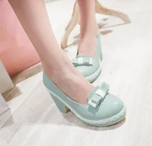 Women Slip On Bow Shoes New 2017 Ladies Lolita Pumps Chunky Thick Heel Shoes Round Toe Japanese Style Free Shipping