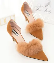 Neue Ankunft Niedrigen Ferse Frauen Pumpen Kaninchenfell Dekoration Sandalen Spitz Damen Partei Schuhe sapatos femininos