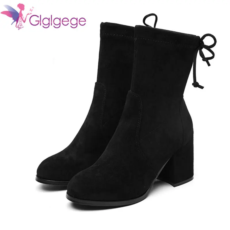

Glglgege 2018 Winter New Leather Women's Boots High Heels Thick With Bare Boots Fashion Black Plus Velvet Boots Martin Boots
