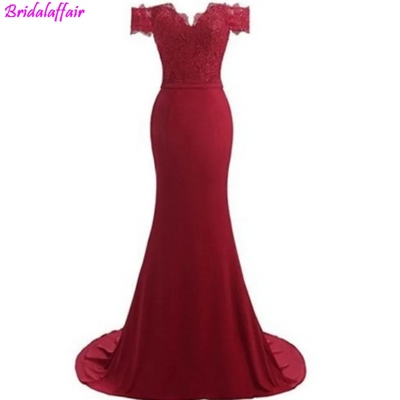 

Elegant Women Burgundy Mermaid Prom Dresses 2019 Ever Pretty Satin A-Line V-Neck Off The Shoulder Lace Formal Evening Dresses
