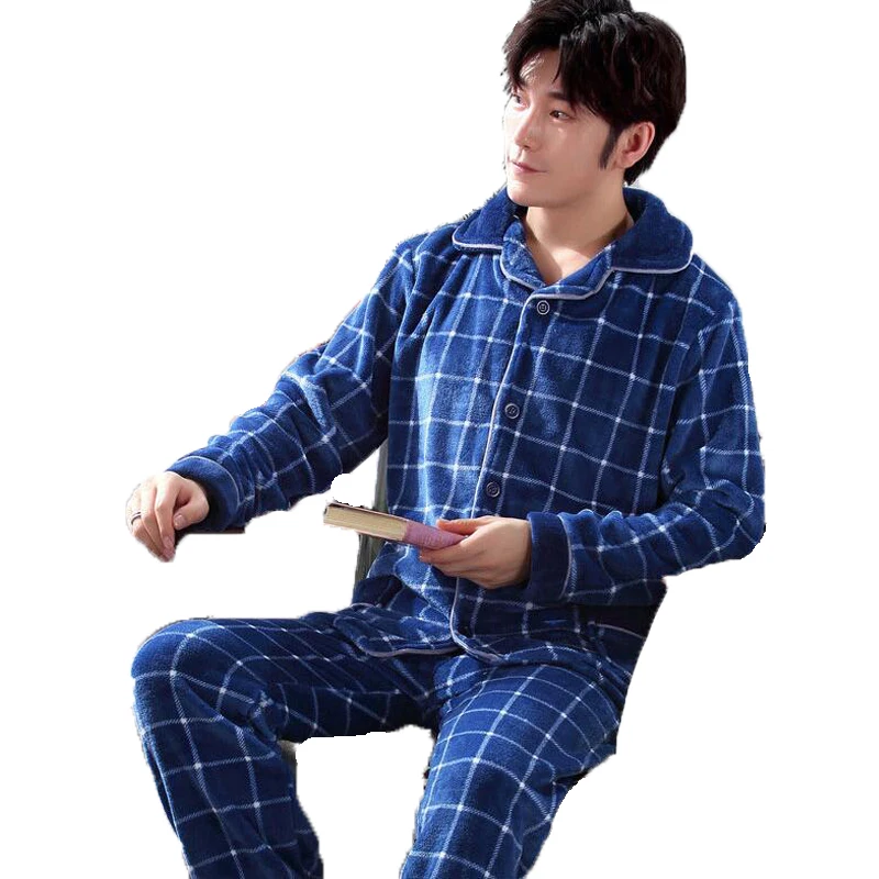 Fashion Brand Luxury Winter Pajamas Men Sleepwear Thick Warm Coral Fleece Mens Pajama Set Male Nightwear Leisure Home Clothing