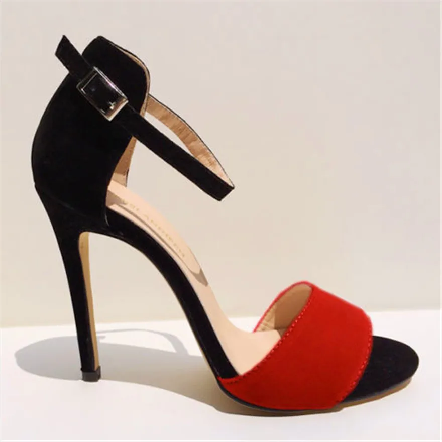 Г., новые летние разноцветные женские босоножки из флока на тонком каблуке модная обувь на высоком каблуке с пряжкой женские пикантные сандалии для вечеринок с открытым носком - Цвет: Красный