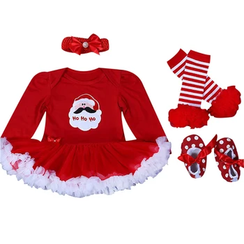 

New fashion 4pcs Christmas Clothing Sets Baby Girl Suits Sleeve Romper +Headband+shoes+Knee Socks Warmer Christmas Party Suit