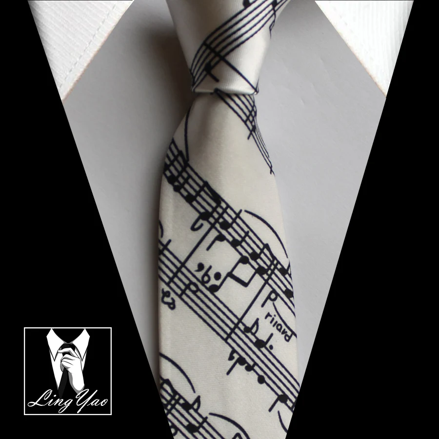 

New Design 5cm Skinny Ties White with Black Classic Musical Notes Necktie Melody Music Gravata