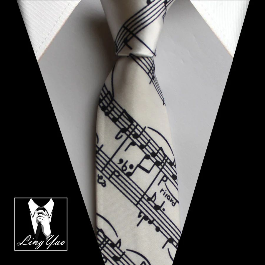 Image New arrival 5cm width skinny ties black with white classic musical notes necktie Melody music gravata