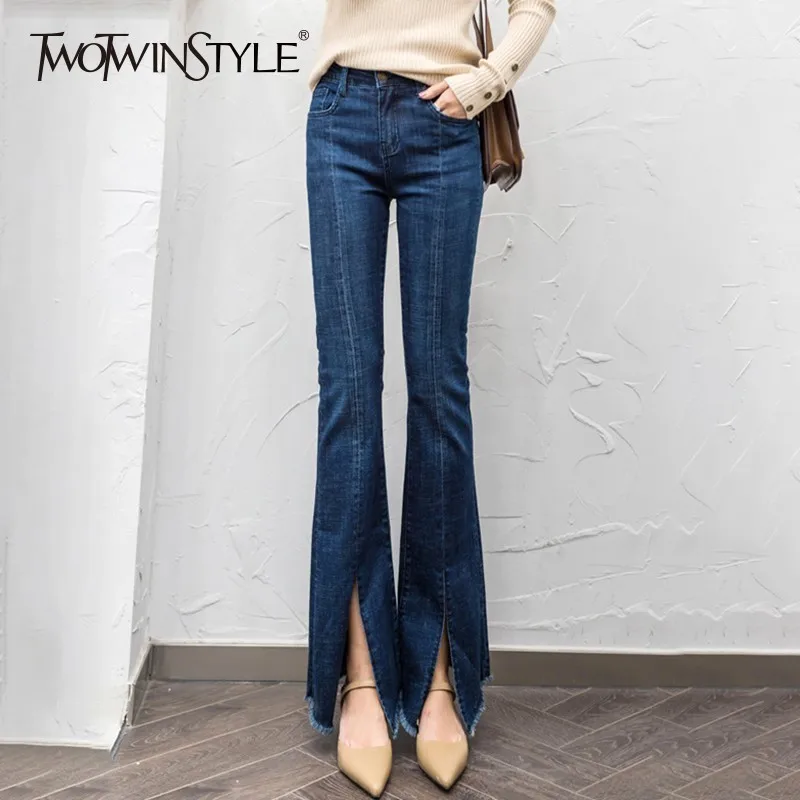 

TWOTWINSTYLE Denim Flare Pants Women Tassel Split High Waist Casual Jeans Trousers Women Large Sizes Fashion 2019 Autumn New