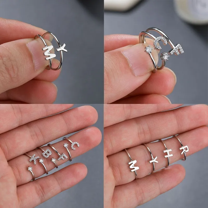 

Fashion Handmade Name A-Z Initial Ring For Women Girl Korean Silver Rhinestone Crystal Letter Opening Ring Jewelry Drop Shipping