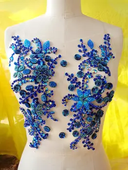 

A180 Fashion hot sale!Handmade blue crystal patches sew on Rhinestones applique with stones sequins beads 31*27cm for dress