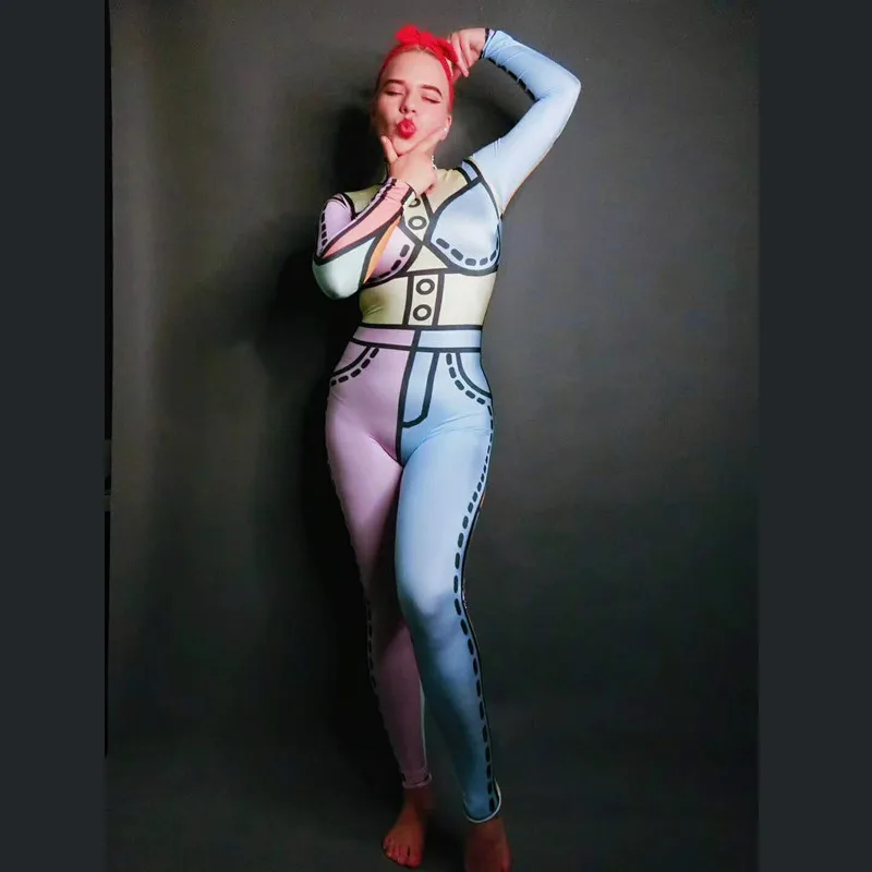 

Sexy Stretch Skinny Women Leotard New Fashion Stage Performance Catsuits Nightclub Color Printing Bodysuits Dancer Clothes