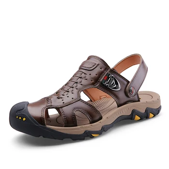 

men fashion cover toe cow leather sandals outdoor flat platform flip flop brown mans slippers breathable summer shoes sandalias