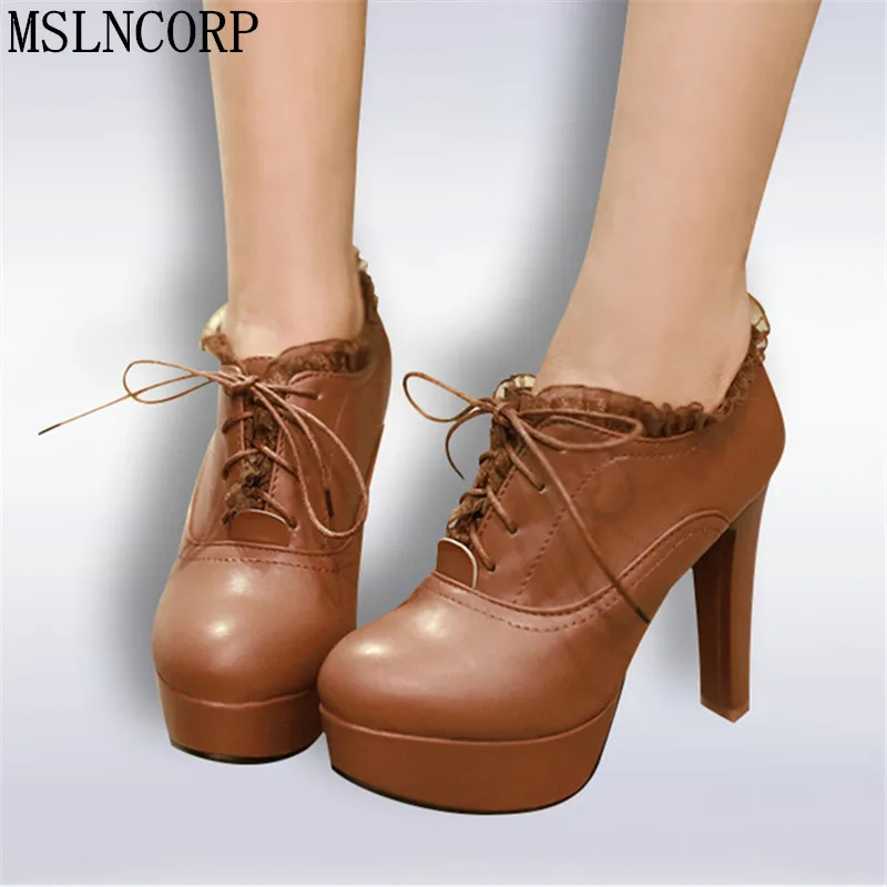 

Plus size 34-43 Fashion Sexy Lace Women Platform Square High Heel Shoes Spring Autumn Lace-Up Party Wedding Pumps Casual Shoes