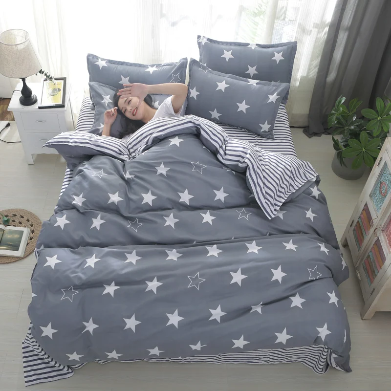 Gray Stars Bedding Sets Kids Boys Twin Queen King Size Stripe Pillowcase Duvet Comforter Bed