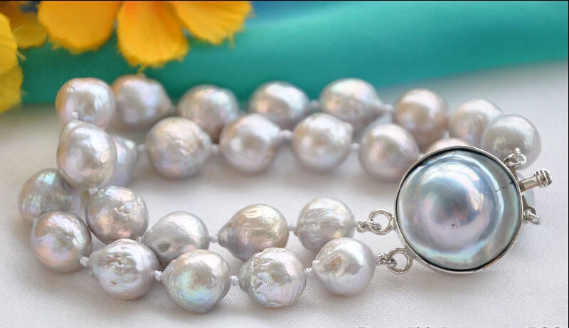 

Free shipping@@@@@ 8" 2row 12mm gray almost round Edison PEARL bracelet mabe clasp