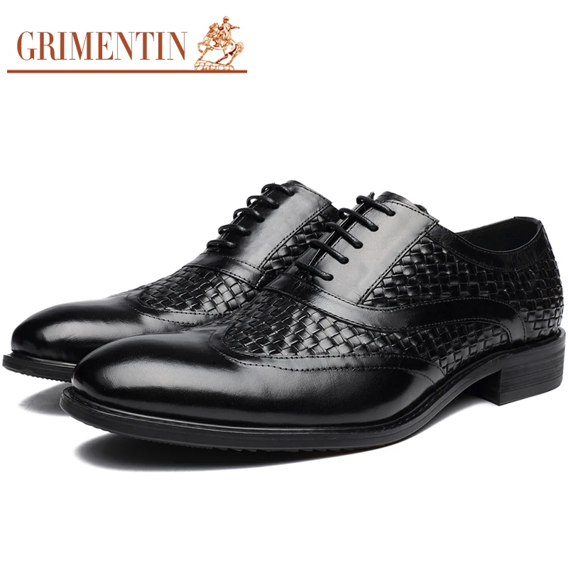 

GRIMENTIN Brand luxury braided mens dress shoes genuine leather black Italian handmade men shoes 2019