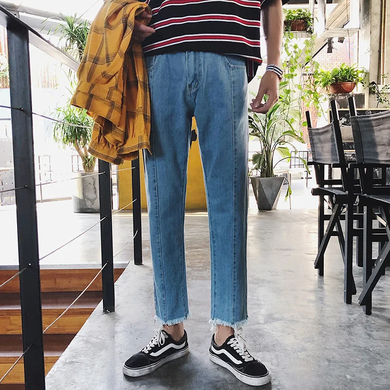 Fashion Casual Men's Jeans Summer And Autumn New S-2XL Nine Pants Versatile Loose Straight Pants Blue Personality Youth Popular
