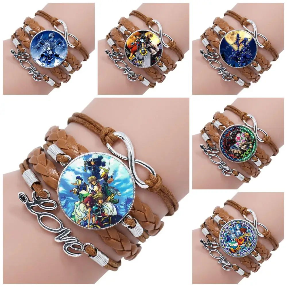 

For Women Kids Kingdom Hearts Christmas Jewelry Glass Cabochon Multilayer Black/Brown Leather Bracelet Bangle