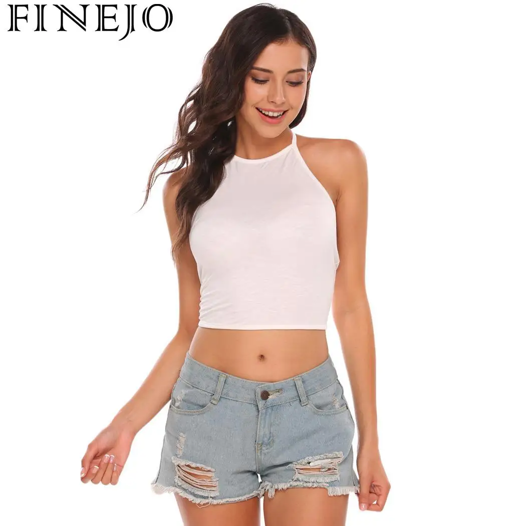 FINEJO сзади Slim Fit Холтер Для женщин галстук сплошной Crop Top