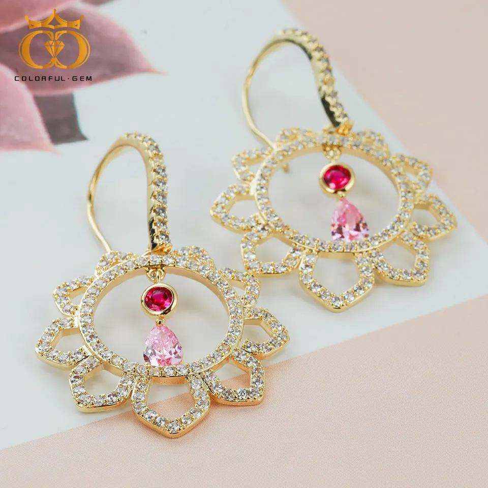 

COLORFUL.GEM 2019 Fashion Jewelry Pink Yellow Color Round Drop Earrings for Women Crystal Earrings Party /Wedding Accessory