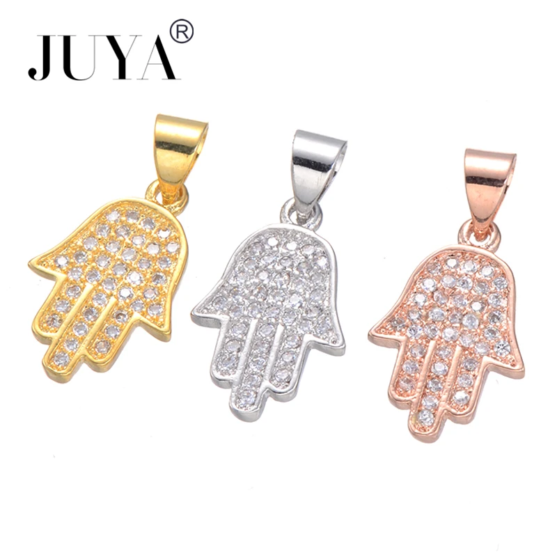 

17mm*11mm Gold Silver Rose Gold Copper Metal Inlaid AAA Zircon Fashion Small Hamsa Hand Lucky Charms Pendant For Jewelry Making