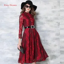 Fairy Dreams Lady Bandage Shirt Dresses Blue Red Lace Women Autumn Spring Midi Dress 2017 New Style Plus Size Clothing vestidos