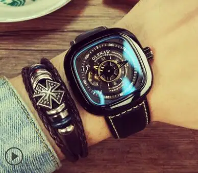 GLENAW Relogio Masculino, мужские часы с кожаным ремешком, водонепроницаемые автоматические механические часы, квадратные военные спортивные наручные часы - Цвет: Color 8